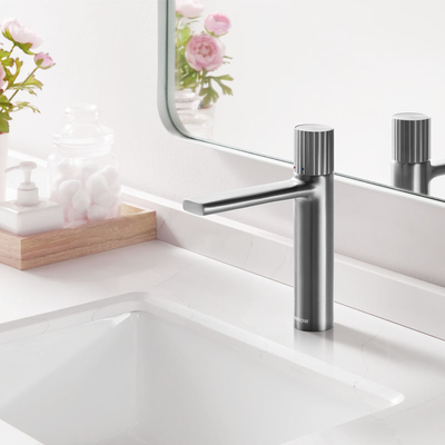 30mm Ceramic Cartridge Brass Grey Basin Mixer Faucet For Washroom